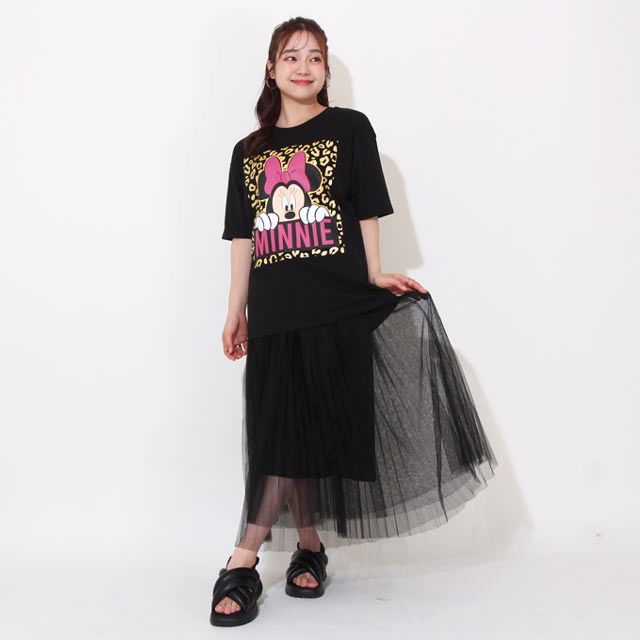 【ベビードール】ミニー 親子お揃い ヒョウ柄キャラクター Tシャツ 0581A / 大人 ユニセックス 男女兼用 リンクコーデ ペアルック 親子コーデ トップス 半袖 天竺素材 一部ラメプリント