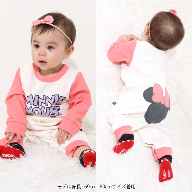 【ベビードール】ミニー おしりアップリケロンパース 0635B / 70-80cm ベビーサイズ 赤ちゃん 出産祝い 贈り物 プレゼント ベビー服 つなぎ 長袖 綿100%