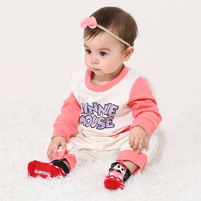 【ベビードール】ミニー おしりアップリケロンパース 0635B / 70-80cm ベビーサイズ 赤ちゃん 出産祝い 贈り物 プレゼント ベビー服 つなぎ 長袖 綿100%