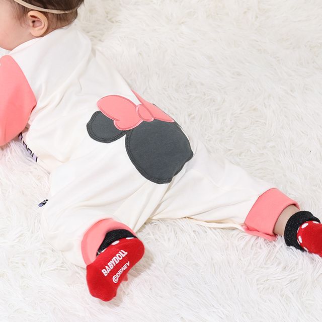 【ベビードール】ミニー おしりアップリケロンパース 0635B / 70-80cm ベビーサイズ 赤ちゃん 出産祝い 贈り物 プレゼント ベビー服 つなぎ 長袖 綿100%