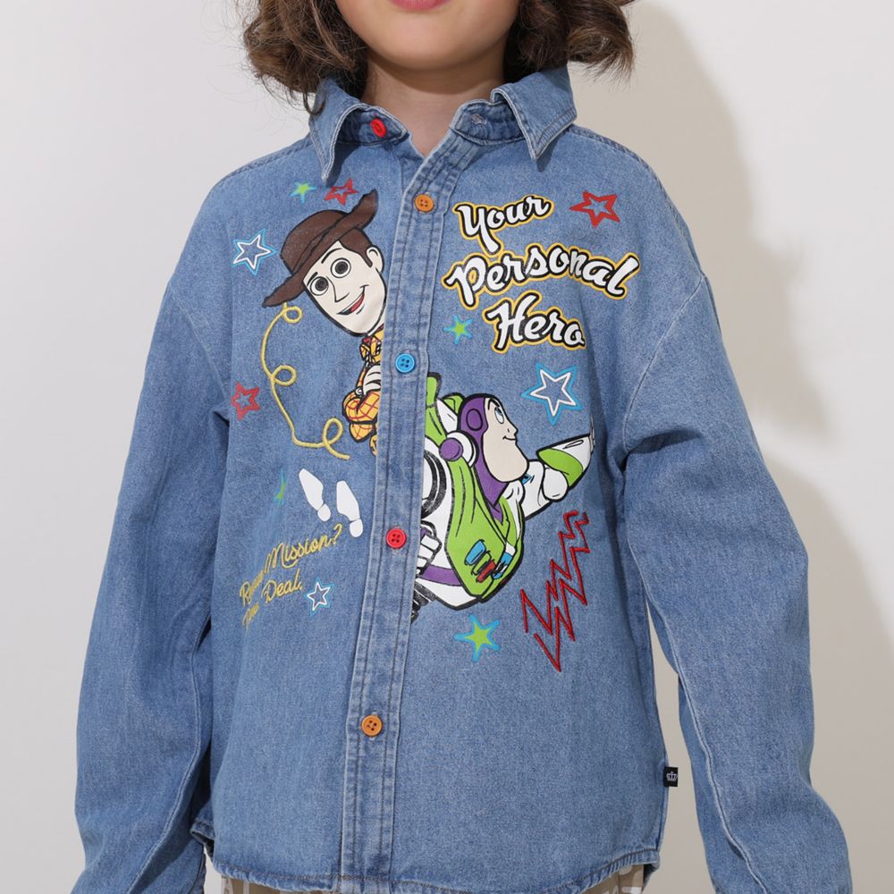 【ベビードール】ウッディ バズ 親子お揃い キャラクター刺繍シャツ 0732K / ベビーサイズ キッズ トップス 長袖 デニムシャツ 羽織り リンクコーデ ペアルック 親子コーデ