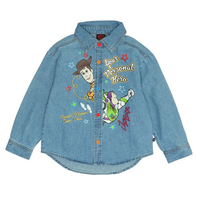 【ベビードール】ウッディ バズ 親子お揃い キャラクター刺繍シャツ 0732K / ベビーサイズ キッズ トップス 長袖 デニムシャツ 羽織り リンクコーデ ペアルック 親子コーデ