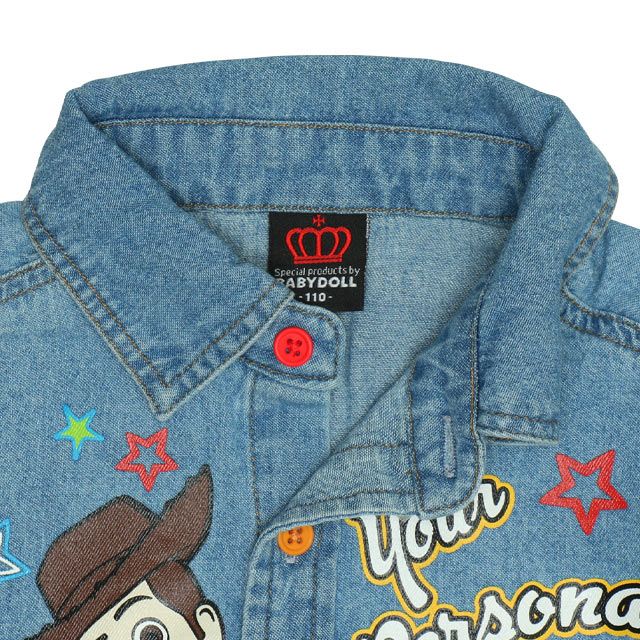 【ベビードール】ウッディ バズ 親子お揃い キャラクター刺繍シャツ 0732K / ベビーサイズ キッズ トップス 長袖 デニムシャツ 羽織り リンクコーデ ペアルック 親子コーデ