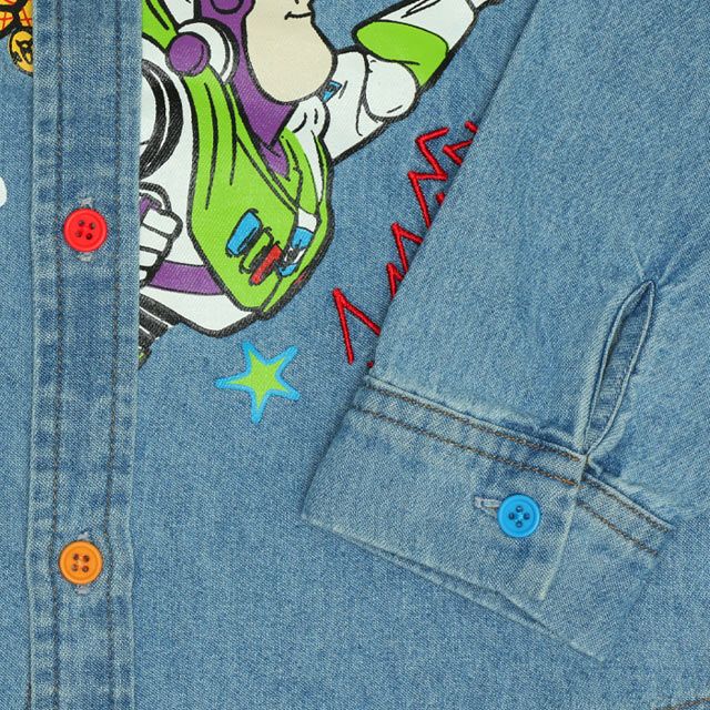 【ベビードール】ウッディ バズ 親子お揃い キャラクター刺繍シャツ 0732K / ベビーサイズ キッズ トップス 長袖 デニムシャツ 羽織り リンクコーデ ペアルック 親子コーデ