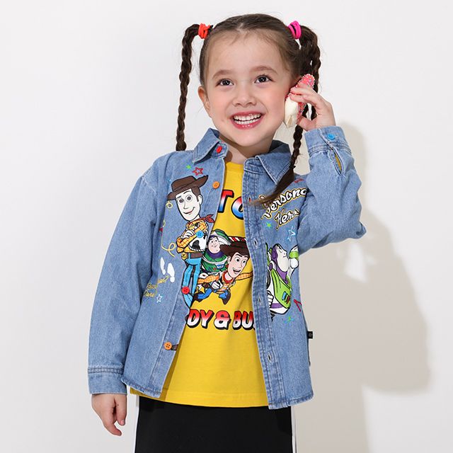 【ベビードール】ウッディ バズ 親子お揃い キャラクター刺繍シャツ 0732K / ベビーサイズ キッズ トップス 長袖 デニムシャツ 羽織り リンクコーデ ペアルック 親子コーデ