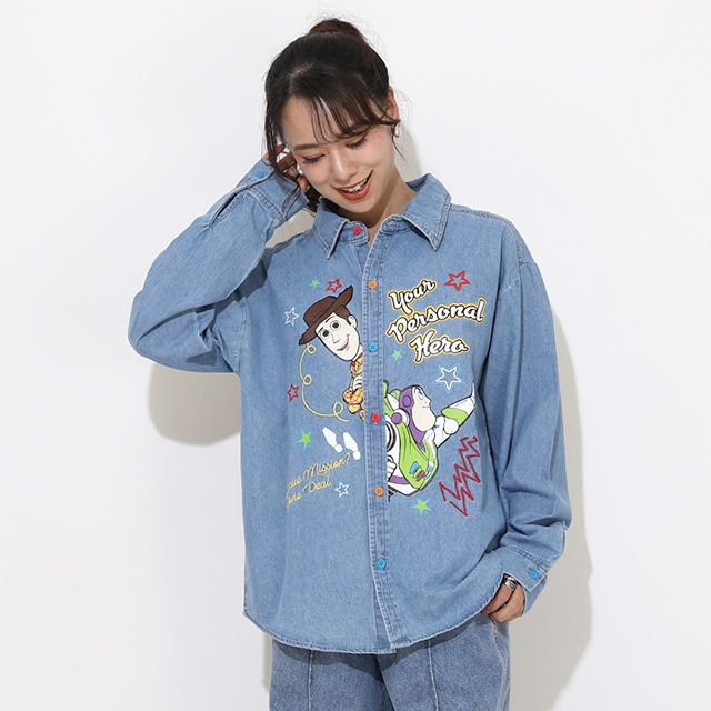 【ベビードール】ウッディ バズ 親子お揃い キャラクター刺繍シャツ 0732A / 大人 ユニセックス 男女兼用 リンクコーデ ペアルック 親子コーデ トップス 長袖 デニムシャツ 羽織り