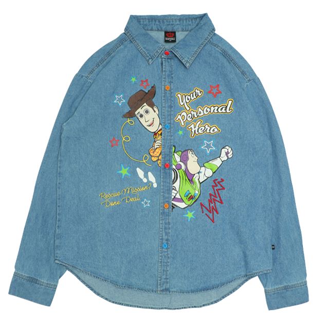 【ベビードール】ウッディ バズ 親子お揃い キャラクター刺繍シャツ 0732A / 大人 ユニセックス 男女兼用 リンクコーデ ペアルック 親子コーデ トップス 長袖 デニムシャツ 羽織り