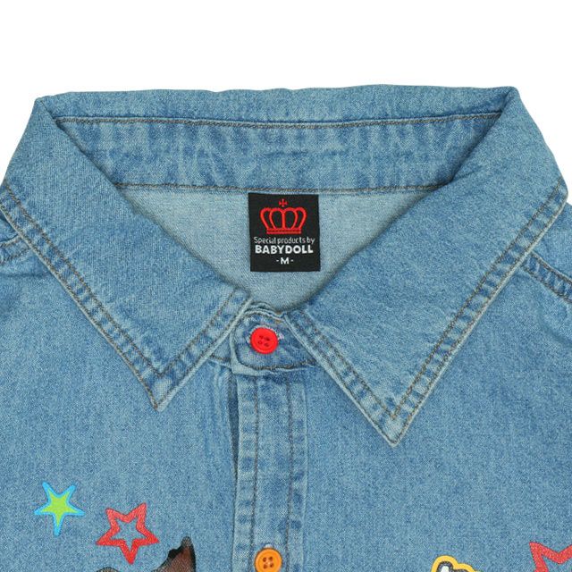 【ベビードール】ウッディ バズ 親子お揃い キャラクター刺繍シャツ 0732A / 大人 ユニセックス 男女兼用 リンクコーデ ペアルック 親子コーデ トップス 長袖 デニムシャツ 羽織り