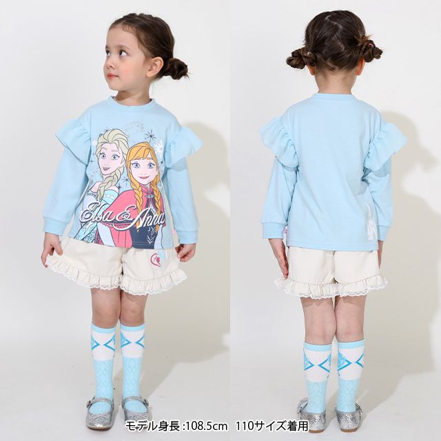 【ベビードール】アナ エルサ プリンセス / ラメロンT 0770K / ベビーサイズ キッズ トップス 長袖 Tシャツ シフォン フリル ラメ キラキラ 天竺素材