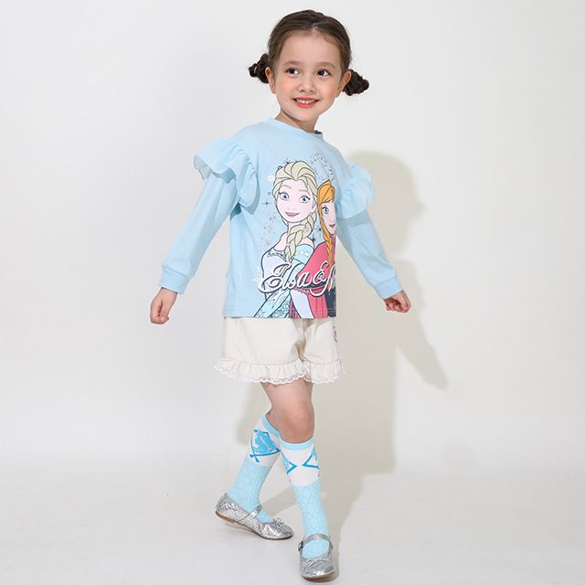 【ベビードール】アナ エルサ プリンセス / ラメロンT 0770K / ベビーサイズ キッズ トップス 長袖 Tシャツ シフォン フリル ラメ キラキラ 天竺素材