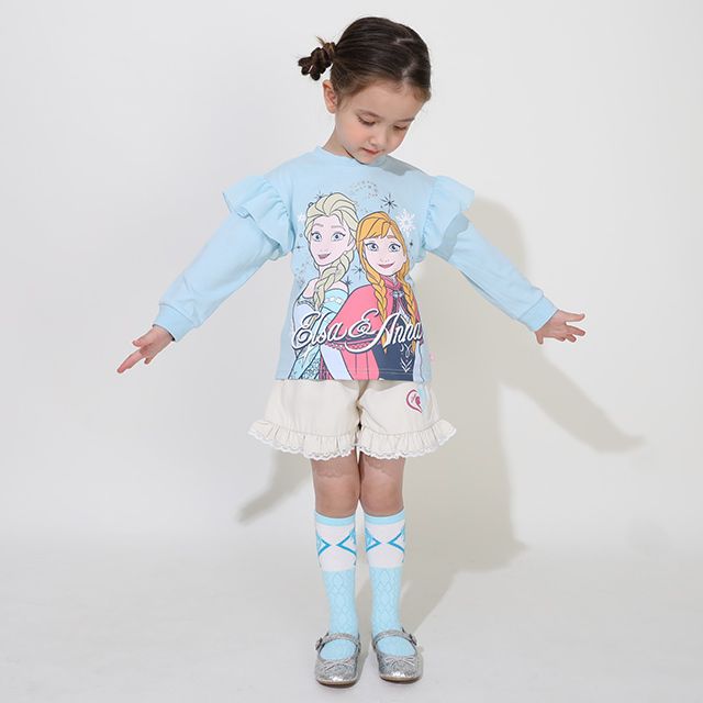 【ベビードール】アナ エルサ プリンセス / ラメロンT 0770K / ベビーサイズ キッズ トップス 長袖 Tシャツ シフォン フリル ラメ キラキラ 天竺素材