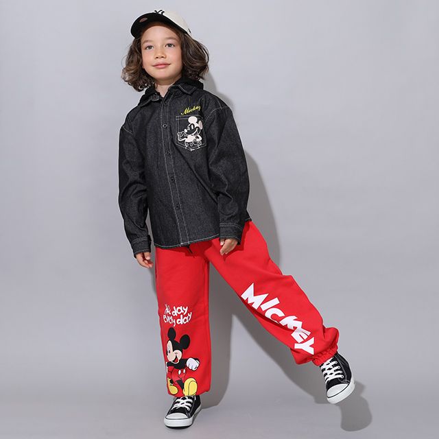 【ベビードール】ミッキー キャラクターロングパンツ 0766K / ベビーサイズ キッズ ボトムス 長ズボン スウェット ゆったり ウエスト総ゴム ゴム穴付き スピンドル紐あり