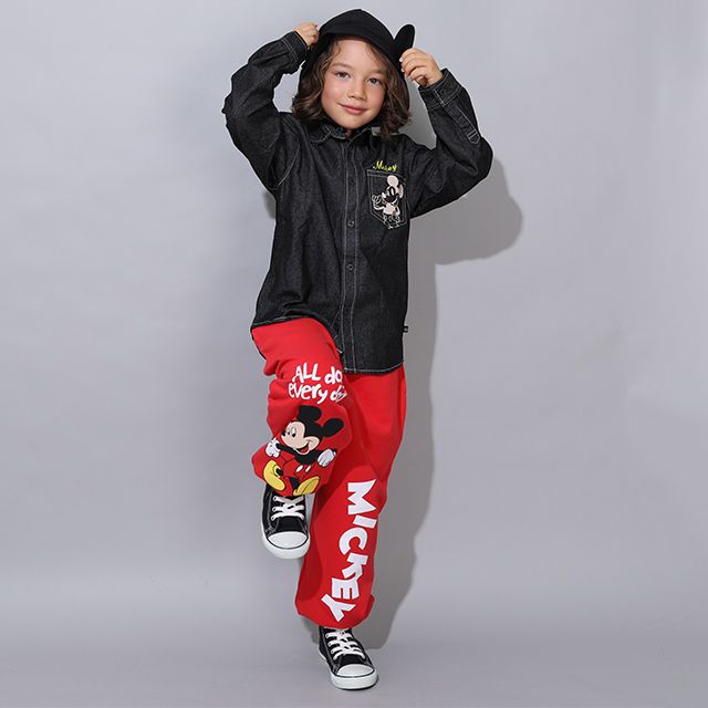 【ベビードール】ミッキー キャラクターロングパンツ 0766K / ベビーサイズ キッズ ボトムス 長ズボン スウェット ゆったり ウエスト総ゴム ゴム穴付き スピンドル紐あり