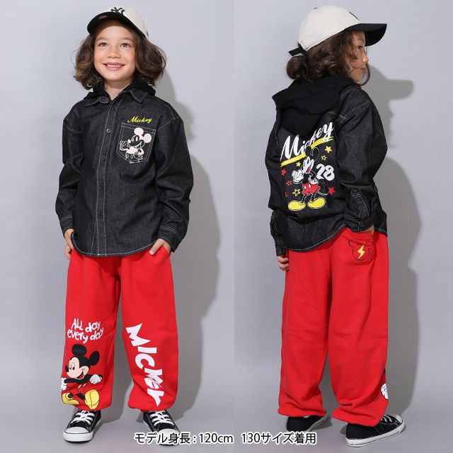 【ベビードール】ミッキー キャラクターロングパンツ 0766K / ベビーサイズ キッズ ボトムス 長ズボン スウェット ゆったり ウエスト総ゴム ゴム穴付き スピンドル紐あり