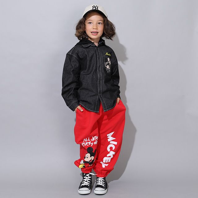 【ベビードール】ミッキー キャラクターロングパンツ 0766K / ベビーサイズ キッズ ボトムス 長ズボン スウェット ゆったり ウエスト総ゴム ゴム穴付き スピンドル紐あり