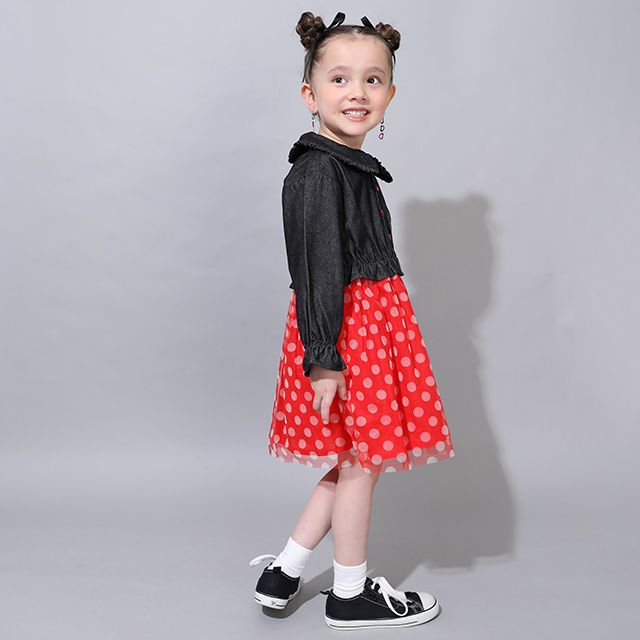 【ベビードール】ミニー デニムシャツドッキングワンピース 0768K / ベビーサイズ キッズ 長袖 シャツ ワンピース スカート デニム チュール フリル 楽ちん ガーリー