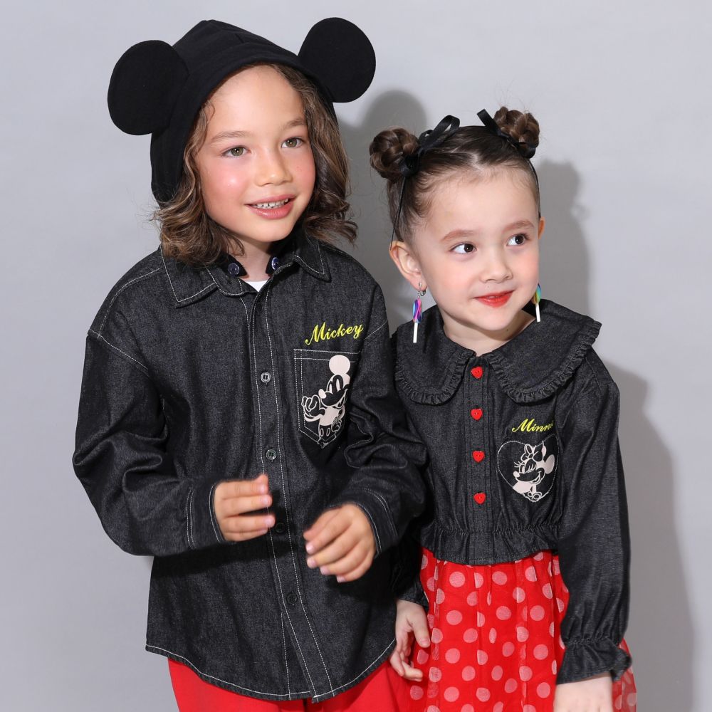 【ベビードール】ミニー デニムシャツドッキングワンピース 0768K / ベビーサイズ キッズ 長袖 シャツ ワンピース スカート デニム チュール フリル 楽ちん ガーリー