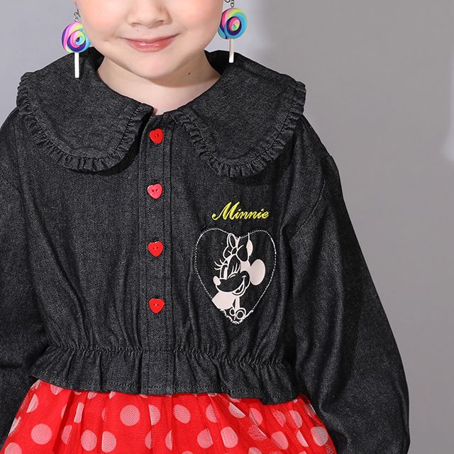 【ベビードール】ミニー デニムシャツドッキングワンピース 0768K / ベビーサイズ キッズ 長袖 シャツ ワンピース スカート デニム チュール フリル 楽ちん ガーリー