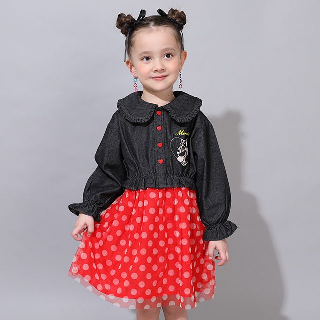 【ベビードール】ミニー デニムシャツドッキングワンピース 0768K / ベビーサイズ キッズ 長袖 シャツ ワンピース スカート デニム チュール フリル 楽ちん ガーリー