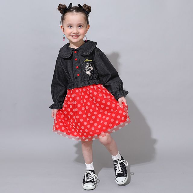 【ベビードール】ミニー デニムシャツドッキングワンピース 0768K / ベビーサイズ キッズ 長袖 シャツ ワンピース スカート デニム チュール フリル 楽ちん ガーリー