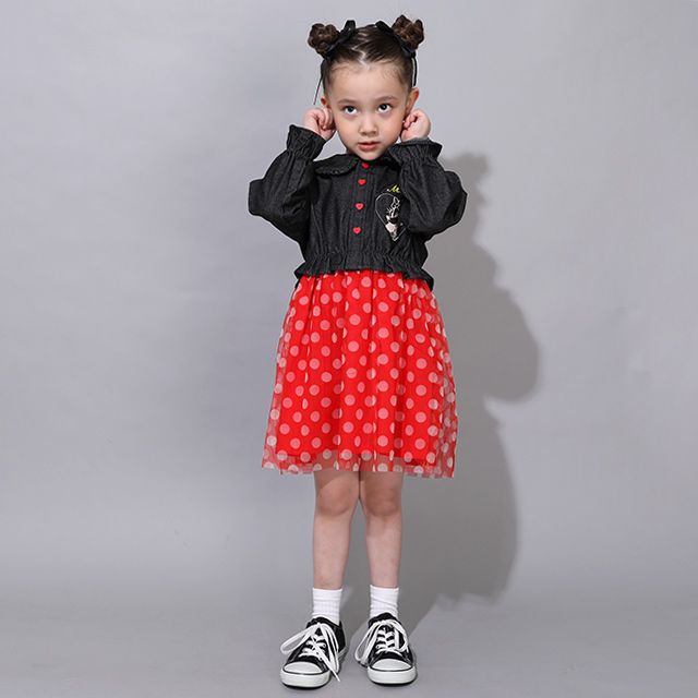 【ベビードール】ミニー デニムシャツドッキングワンピース 0768K / ベビーサイズ キッズ 長袖 シャツ ワンピース スカート デニム チュール フリル 楽ちん ガーリー