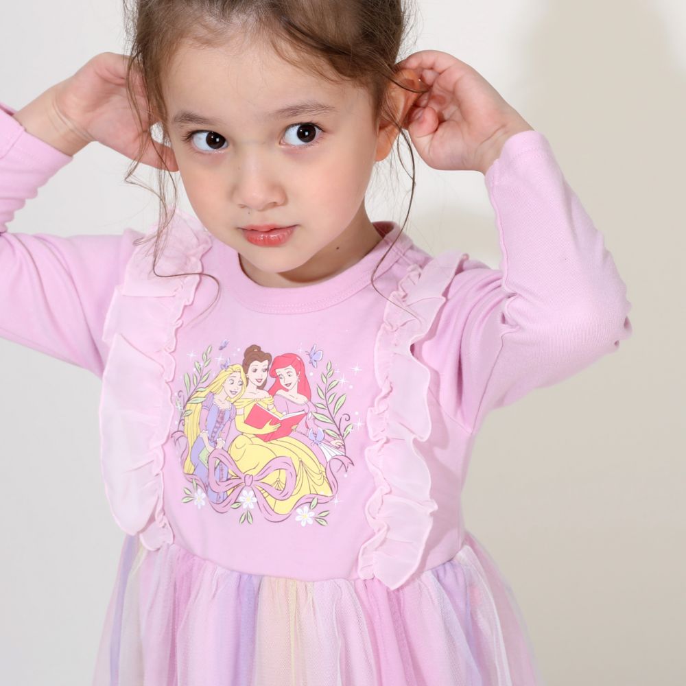 【ベビードール】ラプンツェル アリエル ベル プリンセス / フリルドッキングワンピース 0772K / キッズ ベビーサイズ 長袖 Tシャツ チュール スカート ワンピ シフォン フリル レインボーカラー オーロラカラー 天竺素材 お姫様 ガーリー
