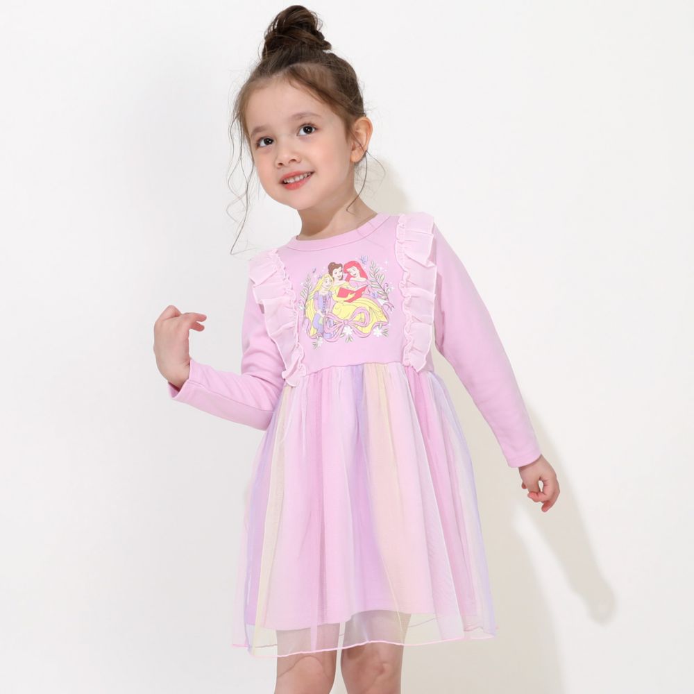 【ベビードール】ラプンツェル アリエル ベル プリンセス / フリルドッキングワンピース 0772K / キッズ ベビーサイズ 長袖 Tシャツ チュール スカート ワンピ シフォン フリル レインボーカラー オーロラカラー 天竺素材 お姫様 ガーリー