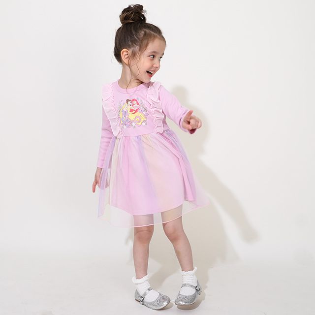 【ベビードール】ラプンツェル アリエル ベル プリンセス / フリルドッキングワンピース 0772K / キッズ ベビーサイズ 長袖 Tシャツ チュール スカート ワンピ シフォン フリル レインボーカラー オーロラカラー 天竺素材 お姫様 ガーリー