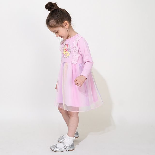 【ベビードール】ラプンツェル アリエル ベル プリンセス / フリルドッキングワンピース 0772K / キッズ ベビーサイズ 長袖 Tシャツ チュール スカート ワンピ シフォン フリル レインボーカラー オーロラカラー 天竺素材 お姫様 ガーリー