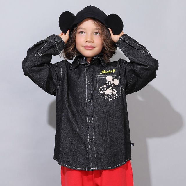 【ベビードール】ミッキー 親子お揃い 長袖デニムシャツ 0774K / ベビーサイズ キッズ トップス 長袖 シャツ 羽織り デニム フード付き フード取り外し可能 リンクコーデ ペアルック 親子コーデ