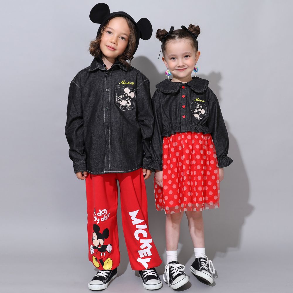 【ベビードール】ミッキー 親子お揃い 長袖デニムシャツ 0774K / ベビーサイズ キッズ トップス 長袖 シャツ 羽織り デニム フード付き フード取り外し可能 リンクコーデ ペアルック 親子コーデ