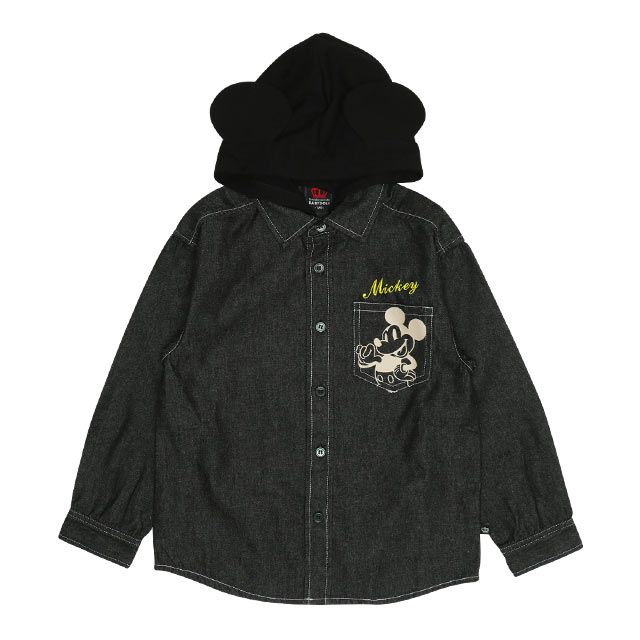 【ベビードール】ミッキー 親子お揃い 長袖デニムシャツ 0774K / ベビーサイズ キッズ トップス 長袖 シャツ 羽織り デニム フード付き フード取り外し可能 リンクコーデ ペアルック 親子コーデ