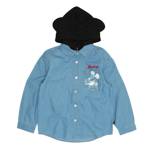 【ベビードール】ミッキー 親子お揃い 長袖デニムシャツ 0774K / ベビーサイズ キッズ トップス 長袖 シャツ 羽織り デニム フード付き フード取り外し可能 リンクコーデ ペアルック 親子コーデ