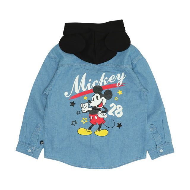 【ベビードール】ミッキー 親子お揃い 長袖デニムシャツ 0774K / ベビーサイズ キッズ トップス 長袖 シャツ 羽織り デニム フード付き フード取り外し可能 リンクコーデ ペアルック 親子コーデ