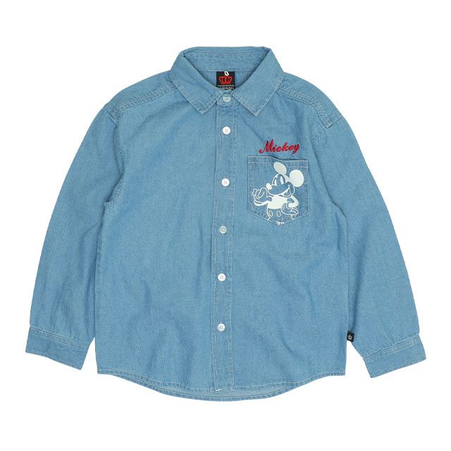 【ベビードール】ミッキー 親子お揃い 長袖デニムシャツ 0774K / ベビーサイズ キッズ トップス 長袖 シャツ 羽織り デニム フード付き フード取り外し可能 リンクコーデ ペアルック 親子コーデ