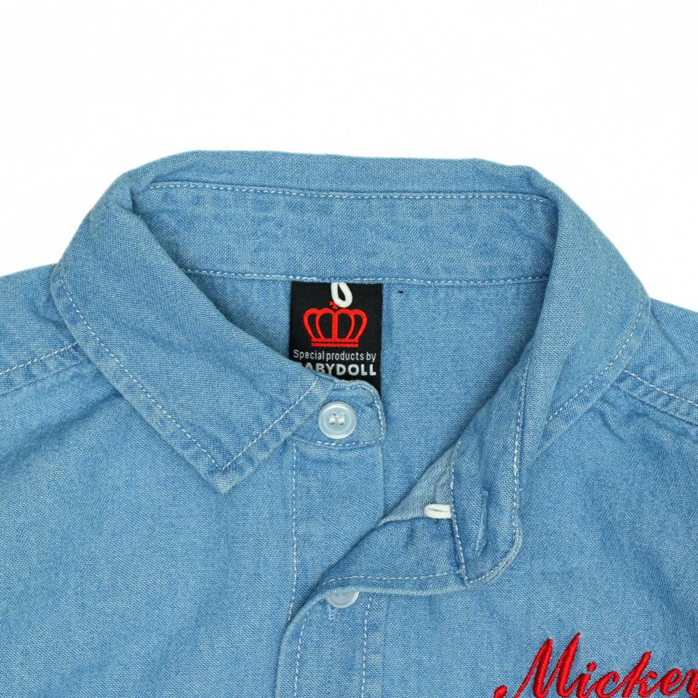 【ベビードール】ミッキー 親子お揃い 長袖デニムシャツ 0774K / ベビーサイズ キッズ トップス 長袖 シャツ 羽織り デニム フード付き フード取り外し可能 リンクコーデ ペアルック 親子コーデ