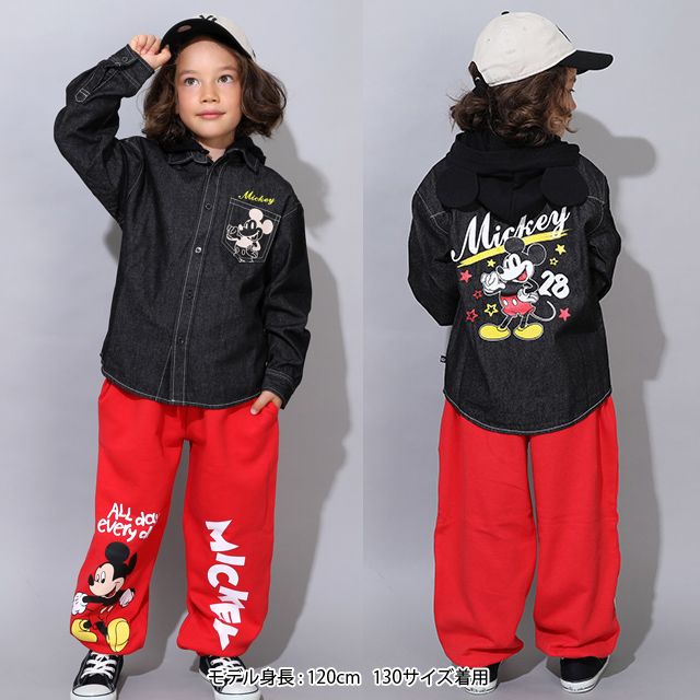 【ベビードール】ミッキー 親子お揃い 長袖デニムシャツ 0774K / ベビーサイズ キッズ トップス 長袖 シャツ 羽織り デニム フード付き フード取り外し可能 リンクコーデ ペアルック 親子コーデ
