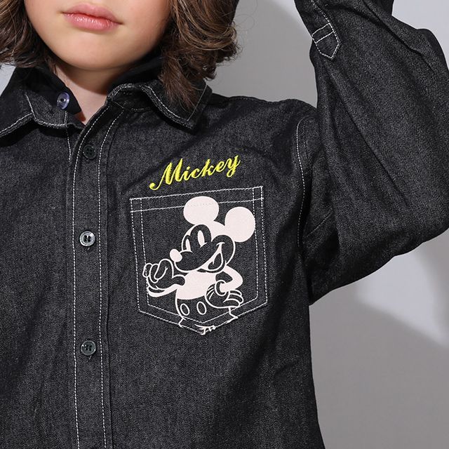 【ベビードール】ミッキー 親子お揃い 長袖デニムシャツ 0774K / ベビーサイズ キッズ トップス 長袖 シャツ 羽織り デニム フード付き フード取り外し可能 リンクコーデ ペアルック 親子コーデ