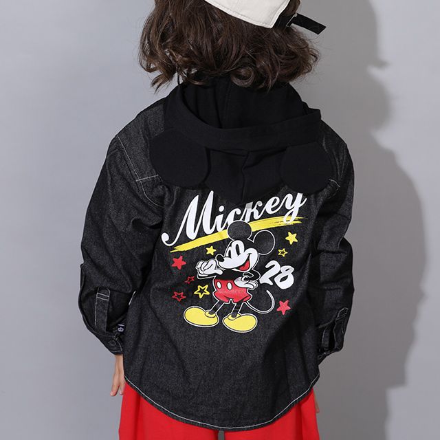 【ベビードール】ミッキー 親子お揃い 長袖デニムシャツ 0774K / ベビーサイズ キッズ トップス 長袖 シャツ 羽織り デニム フード付き フード取り外し可能 リンクコーデ ペアルック 親子コーデ