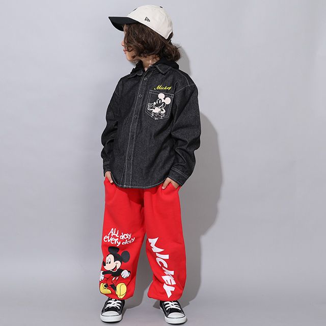 【ベビードール】ミッキー 親子お揃い 長袖デニムシャツ 0774K / ベビーサイズ キッズ トップス 長袖 シャツ 羽織り デニム フード付き フード取り外し可能 リンクコーデ ペアルック 親子コーデ