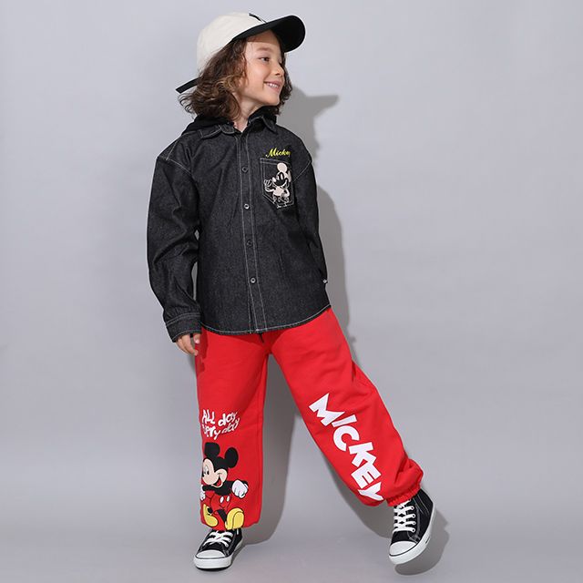 【ベビードール】ミッキー 親子お揃い 長袖デニムシャツ 0774K / ベビーサイズ キッズ トップス 長袖 シャツ 羽織り デニム フード付き フード取り外し可能 リンクコーデ ペアルック 親子コーデ