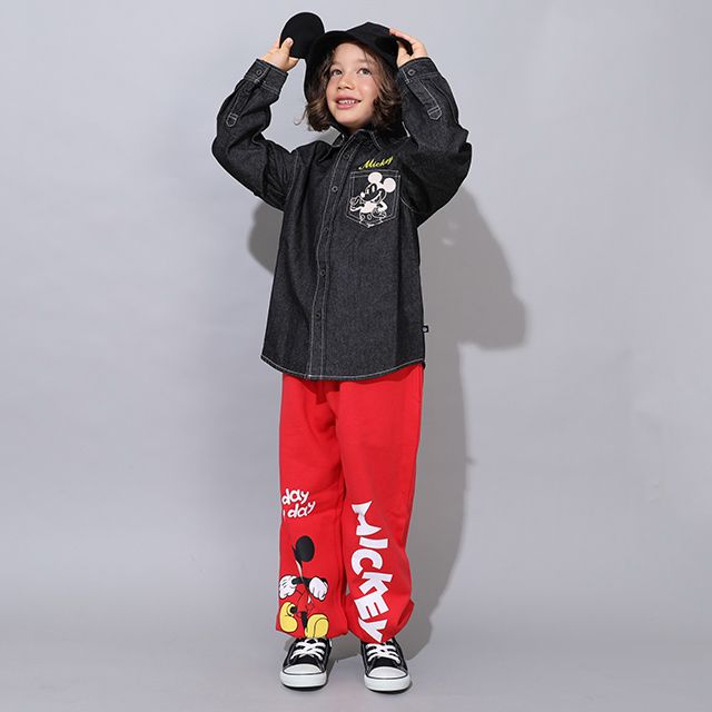 【ベビードール】ミッキー 親子お揃い 長袖デニムシャツ 0774K / ベビーサイズ キッズ トップス 長袖 シャツ 羽織り デニム フード付き フード取り外し可能 リンクコーデ ペアルック 親子コーデ