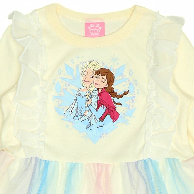 【ベビードール】アナ エルサ プリンセス / フリルドッキングワンピース 0772K / キッズ ベビーサイズ 長袖 Tシャツ チュール スカート ワンピ シフォン フリル レインボーカラー オーロラカラー 天竺素材 お姫様 ガーリー