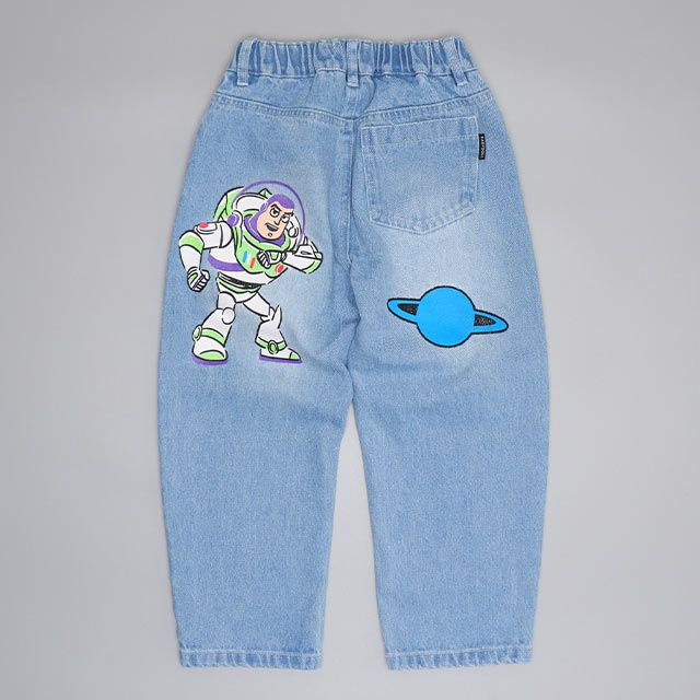 【ベビードール】ウッディ バズ デニムロングパンツ 0829K / ベビーサイズ キッズ ボトムス 長ズボン デニムパンツ ジーパン ジーンズ ウエスト総ゴム ゴム穴付き ベルトループ フェイクボタン ワイドパンツ ワイドシルエット