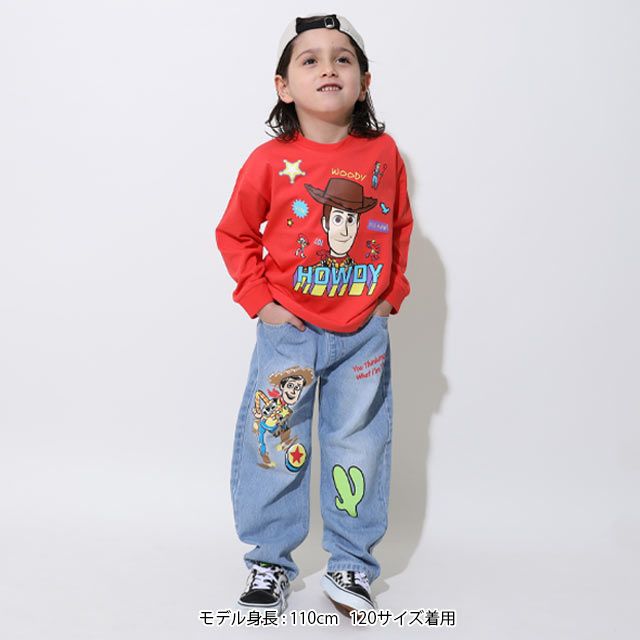 【ベビードール】ウッディ バズ デニムロングパンツ 0829K / ベビーサイズ キッズ ボトムス 長ズボン デニムパンツ ジーパン ジーンズ ウエスト総ゴム ゴム穴付き ベルトループ フェイクボタン ワイドパンツ ワイドシルエット