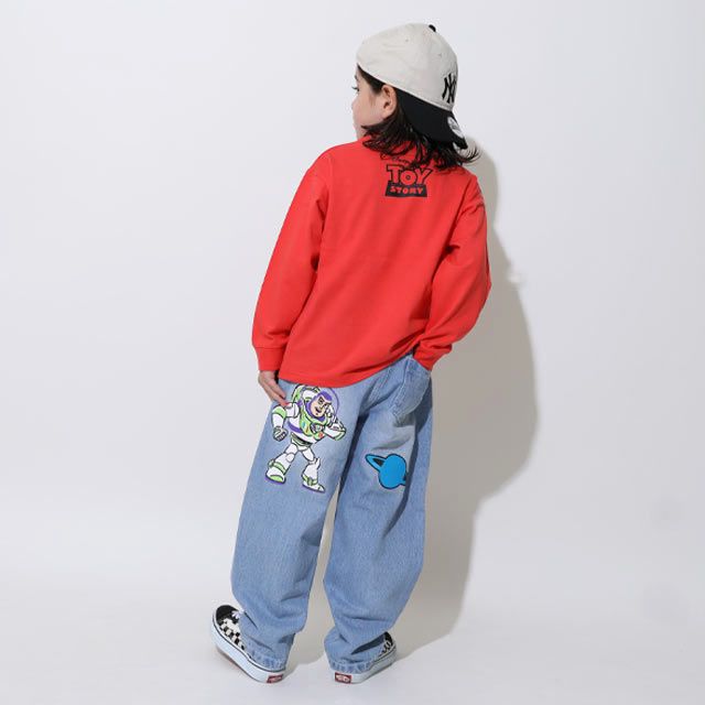 【ベビードール】ウッディ バズ デニムロングパンツ 0829K / ベビーサイズ キッズ ボトムス 長ズボン デニムパンツ ジーパン ジーンズ ウエスト総ゴム ゴム穴付き ベルトループ フェイクボタン ワイドパンツ ワイドシルエット