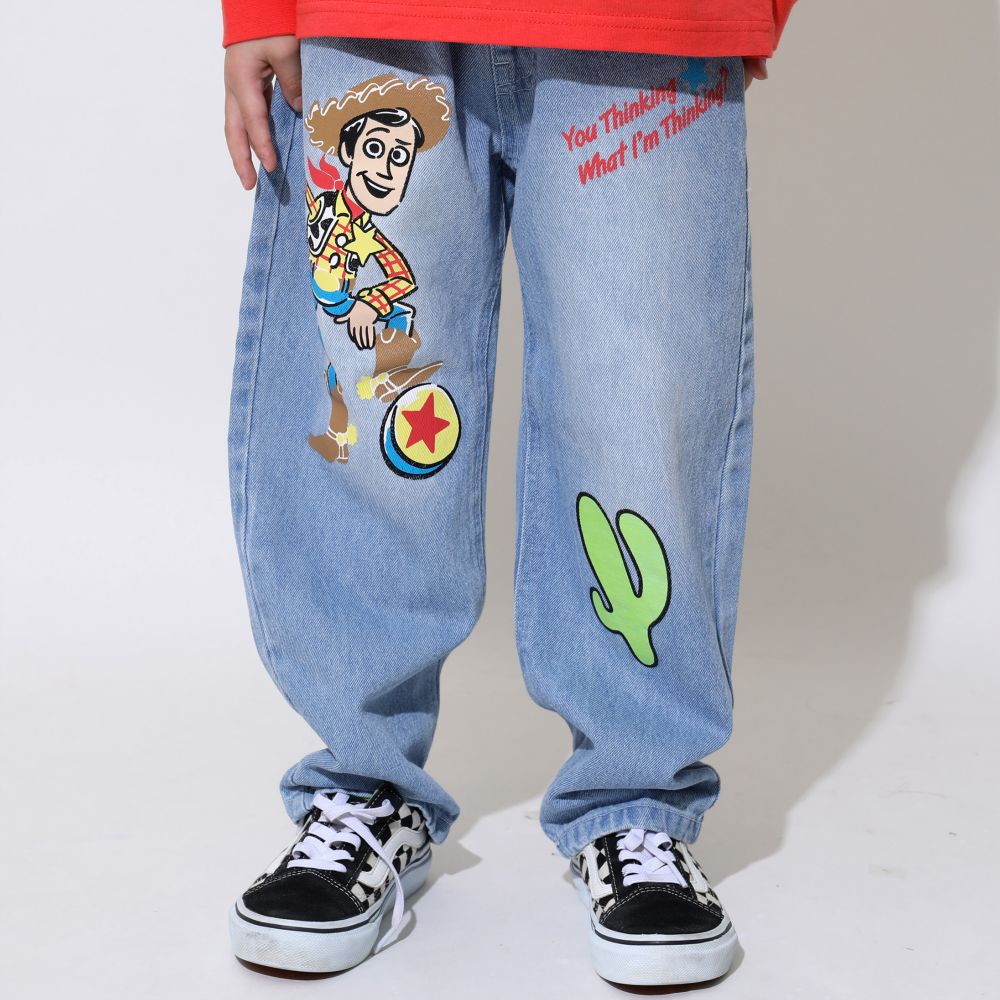 【ベビードール】ウッディ バズ デニムロングパンツ 0829K / ベビーサイズ キッズ ボトムス 長ズボン デニムパンツ ジーパン ジーンズ ウエスト総ゴム ゴム穴付き ベルトループ フェイクボタン ワイドパンツ ワイドシルエット