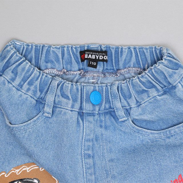 【ベビードール】ウッディ バズ デニムロングパンツ 0829K / ベビーサイズ キッズ ボトムス 長ズボン デニムパンツ ジーパン ジーンズ ウエスト総ゴム ゴム穴付き ベルトループ フェイクボタン ワイドパンツ ワイドシルエット