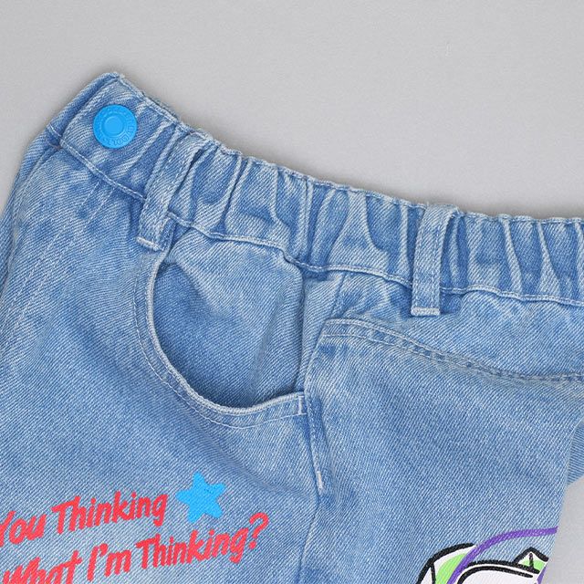 【ベビードール】ウッディ バズ デニムロングパンツ 0829K / ベビーサイズ キッズ ボトムス 長ズボン デニムパンツ ジーパン ジーンズ ウエスト総ゴム ゴム穴付き ベルトループ フェイクボタン ワイドパンツ ワイドシルエット