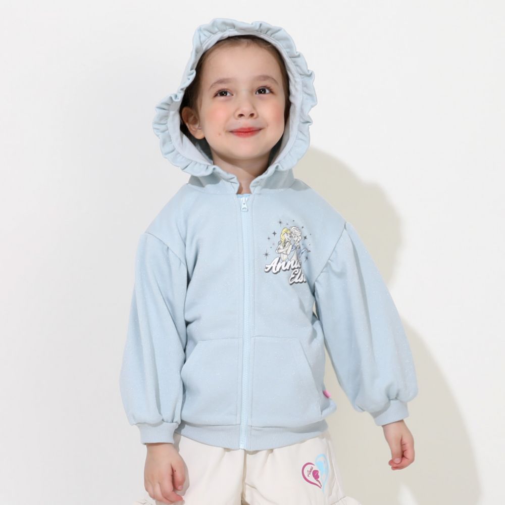 【ベビードール】アナ エルサ プリンセス / ラメジップパーカー 0864K / キッズ ベビーサイズ 長袖 ライトアウター 羽織り スウェット パーカー ラインストーン ラメ キラキラ フリル ボリューム袖 カンガルーポケット シワになりにくい ガーリー